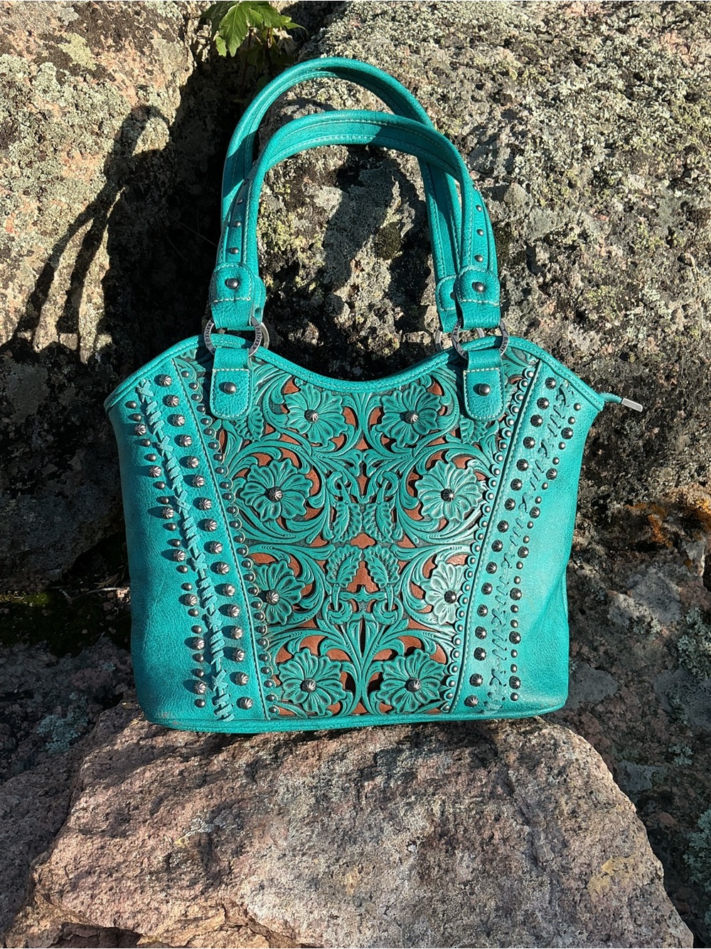 Trinity Ranch Turquoise Tooled Floral Western Boho Handbag Purse/Studded